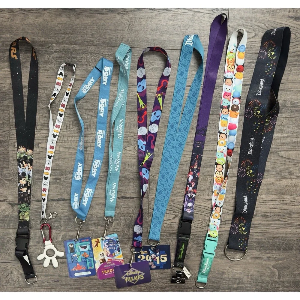 Disney Pin Trading Lanyard Lot of 9 Villains Star Wars Moana Bottle Holder